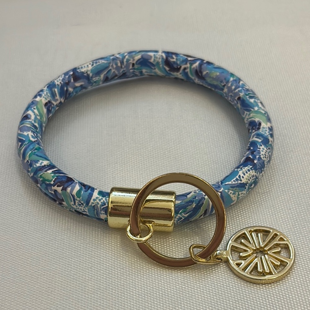 Lily Pulitzer Blue and Gold Patterned Round Key Chain - Picture 2 of 4